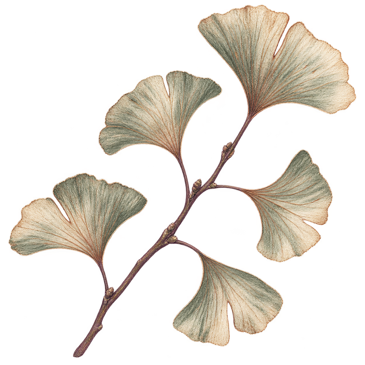Branche de ginkgo : image générée, texture de papier et dessin au crayon